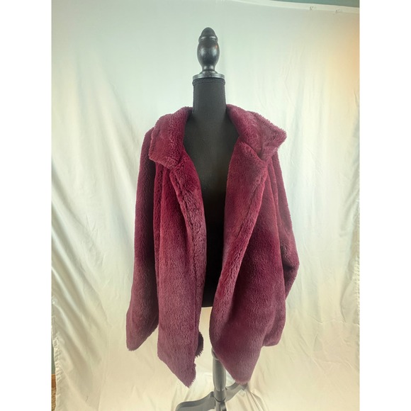 Burgundy Faux Fur Teddy Coat Oversized Notched Lapel Open Front Jacket Wine Red - Picture 8 of 13